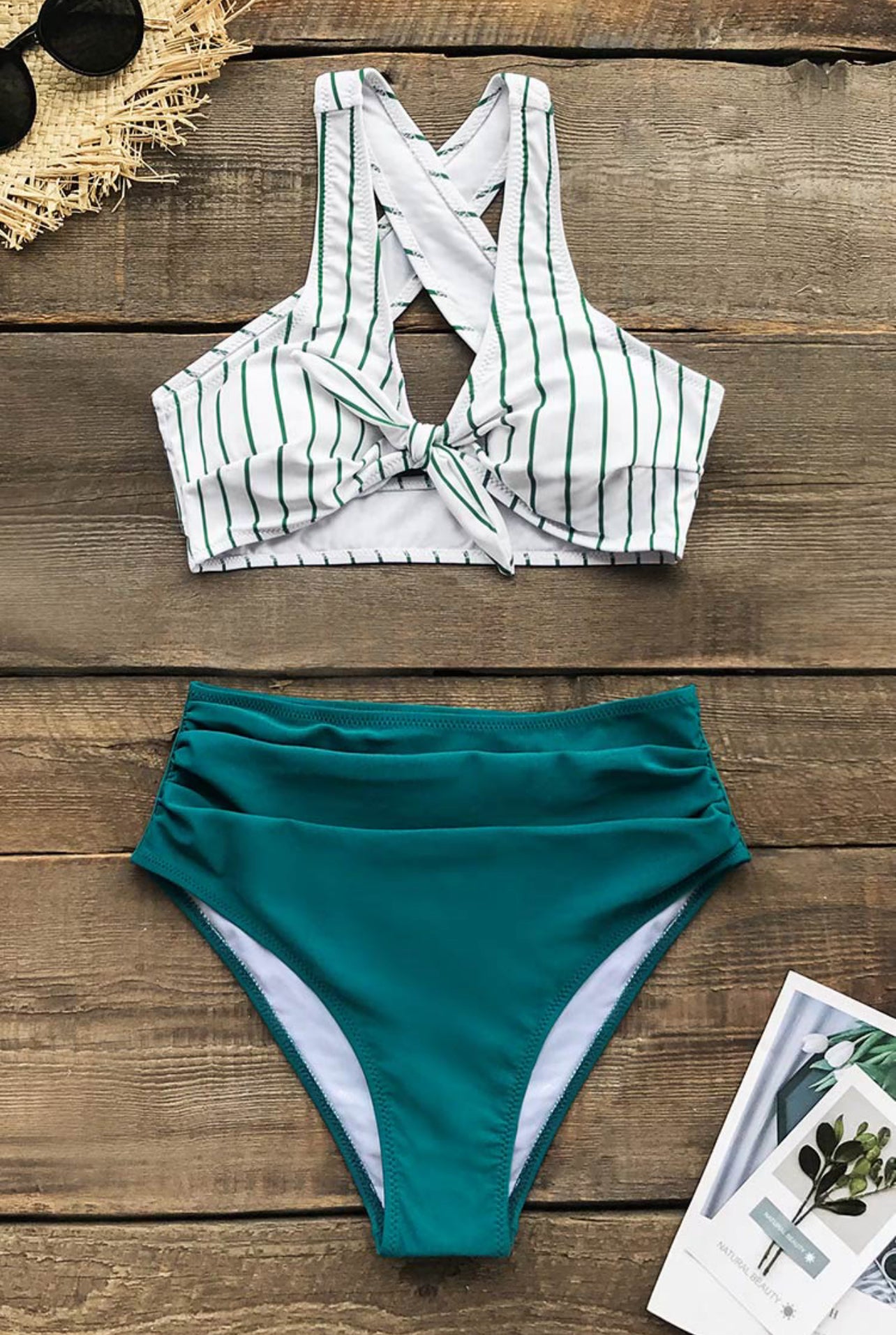 CUPSHE Teal Solid and Striped High Waisted Bikini