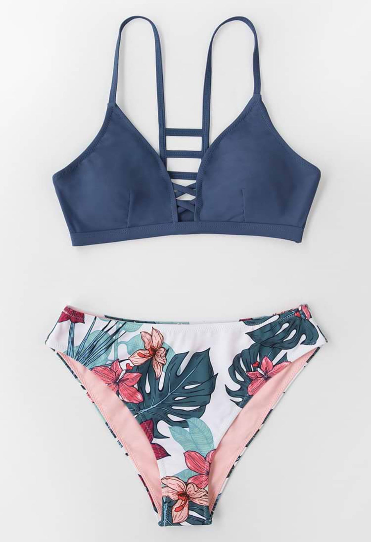 CUPSHE Navy and Floral Strappy Bikini Set