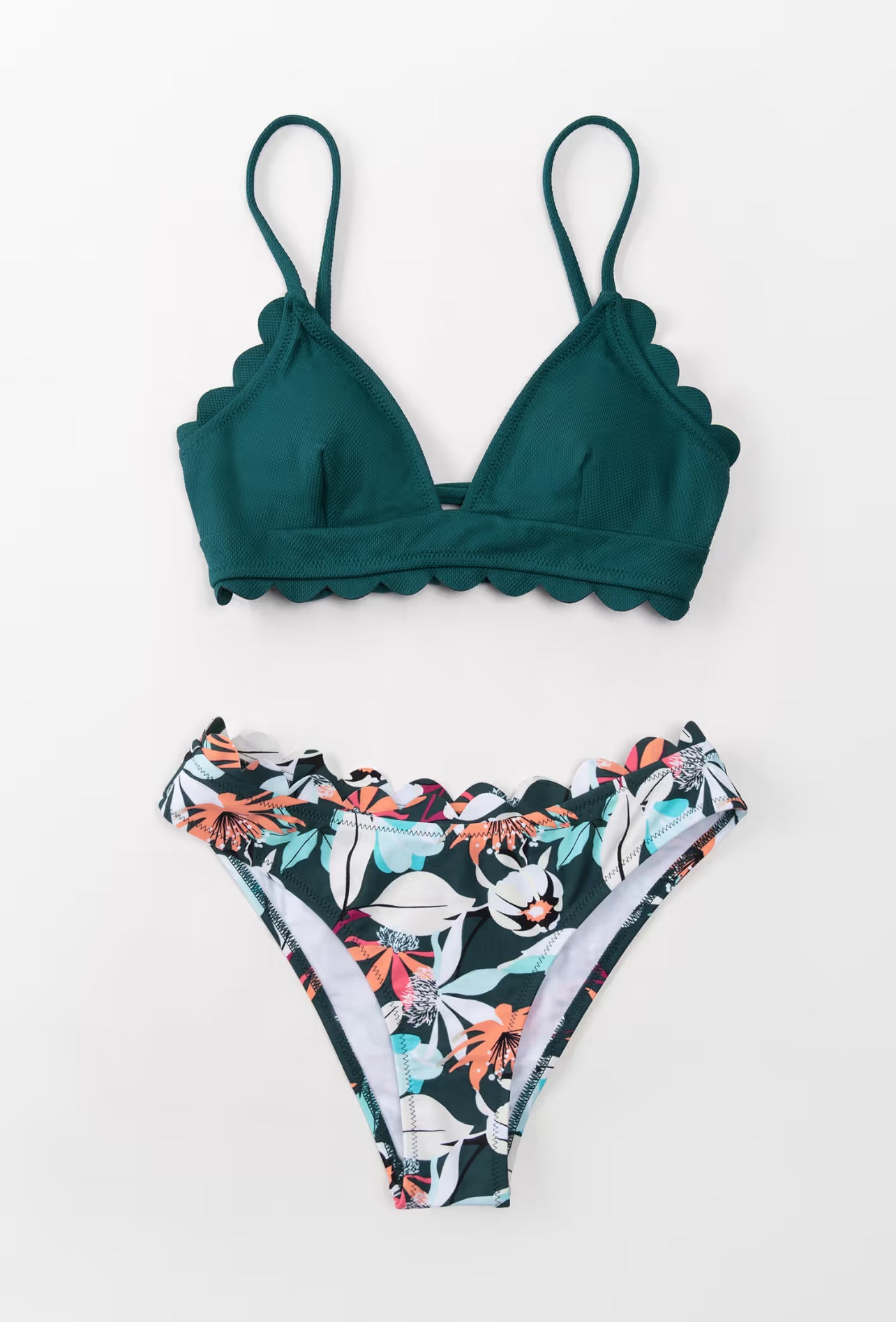 CUPSHE Green Scalloped Edge V-Neck Printed Bottom Bikini