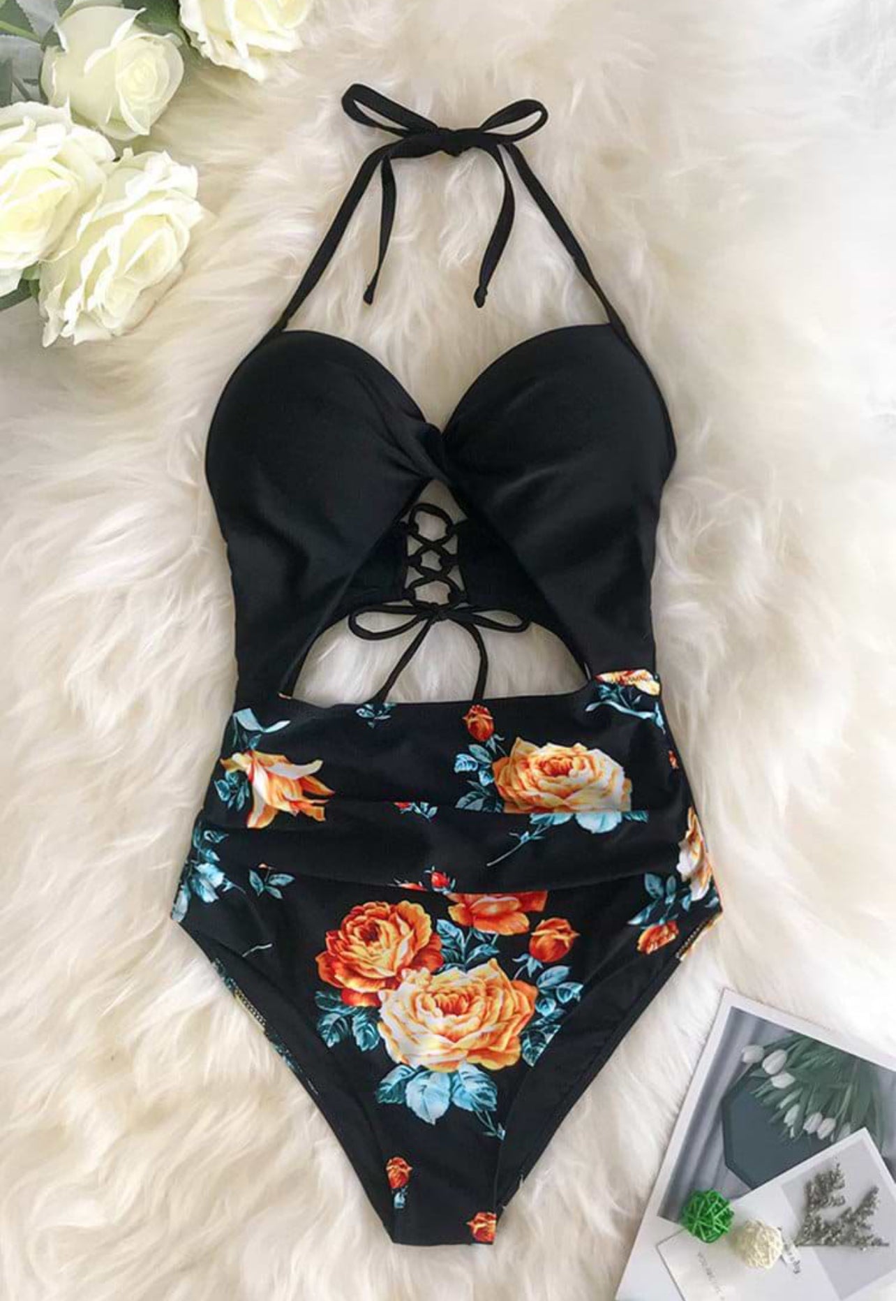 CUPSHE Black Floral Print Halter Tummy Control One Piece Swimsuit