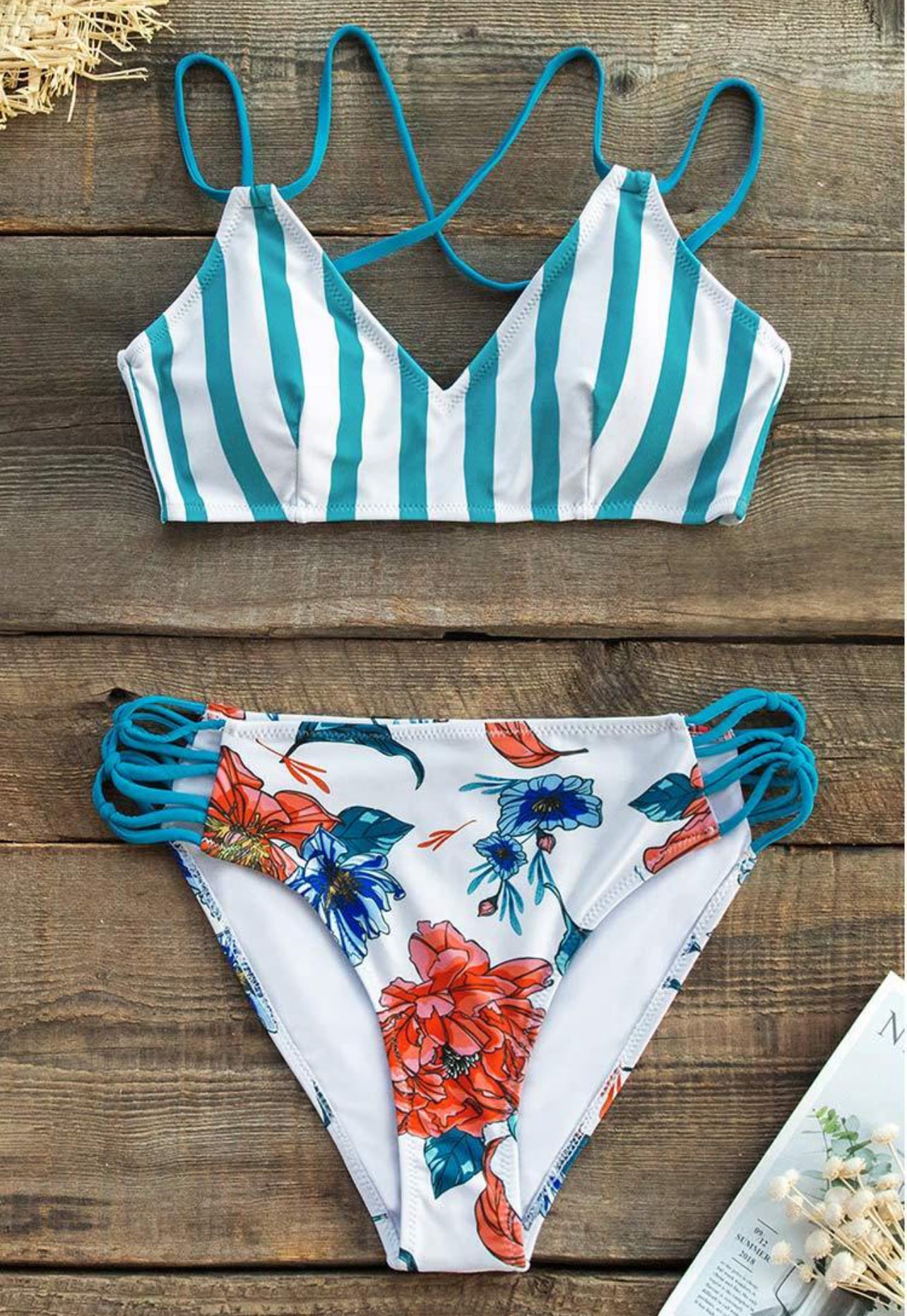 CUPSHE Stripe and Floral Strappy Bikini