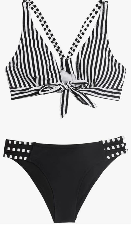 CUPSHE Striped Front Tie Plunge Cut Out Bikini