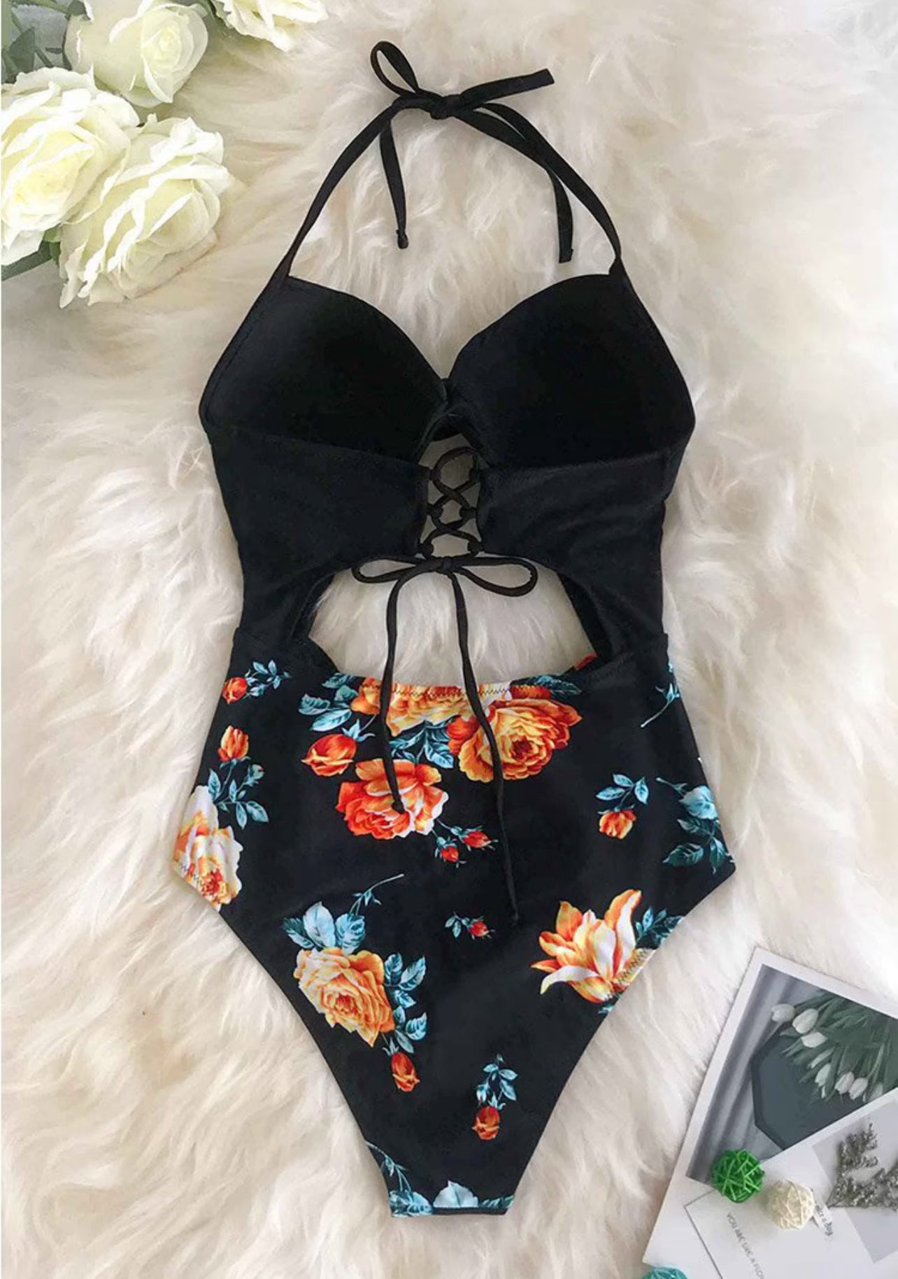 CUPSHE Black Floral Print Halter Tummy Control One Piece Swimsuit