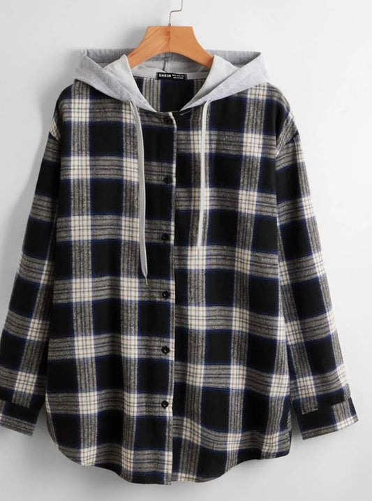 SHEIN Unity Tartan Print Button Front Hooded Blouse