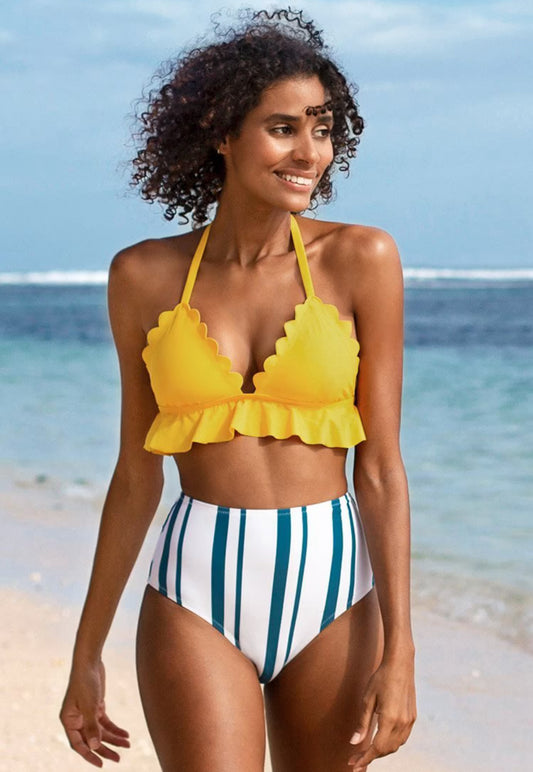 CUPSHE Beach Days Ruffle and Striped High Waisted Bikini