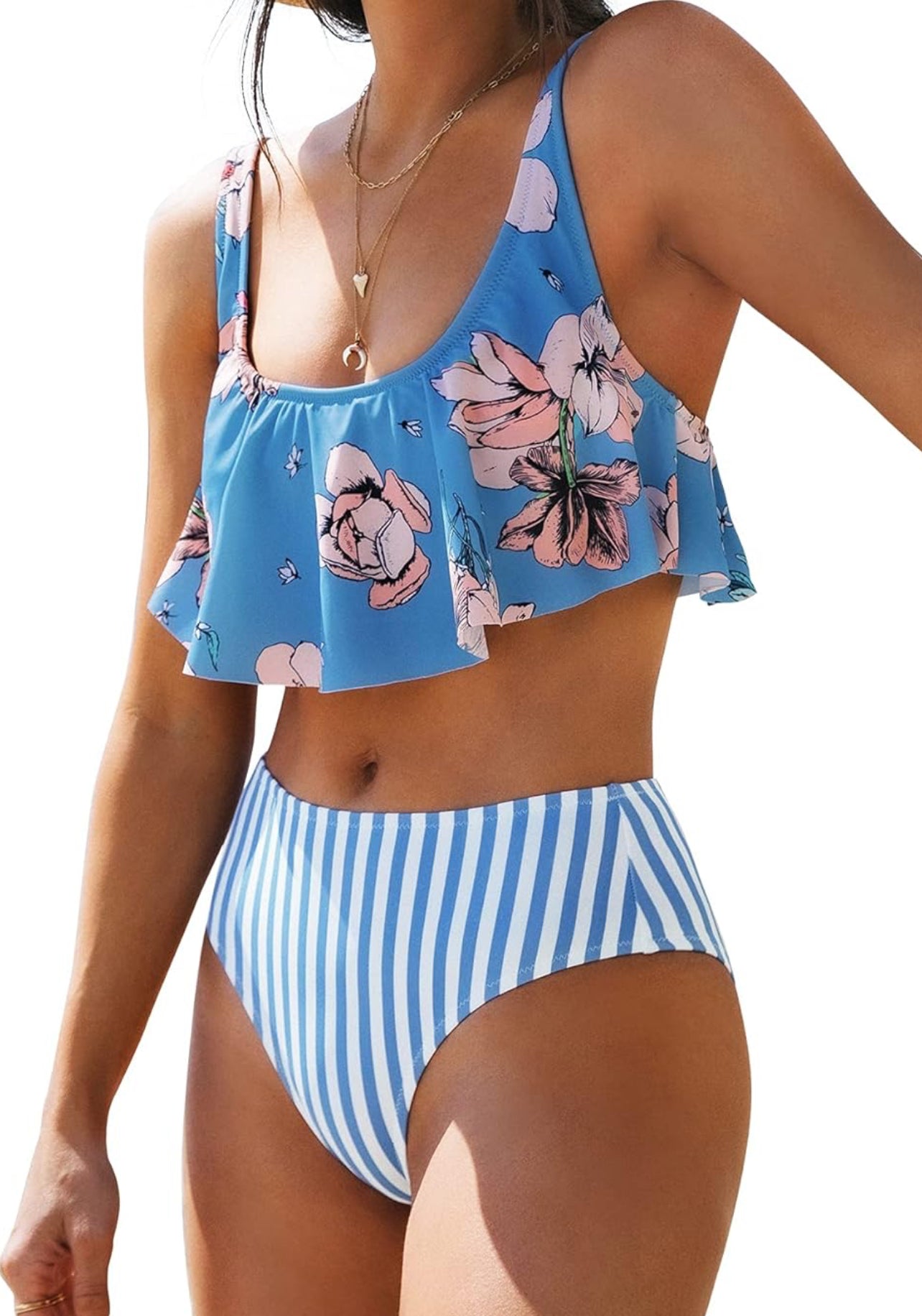 CUPSHE Women's Bikini Swimsuit Floral Stripe Ruffle Two Piece Bathing Suit