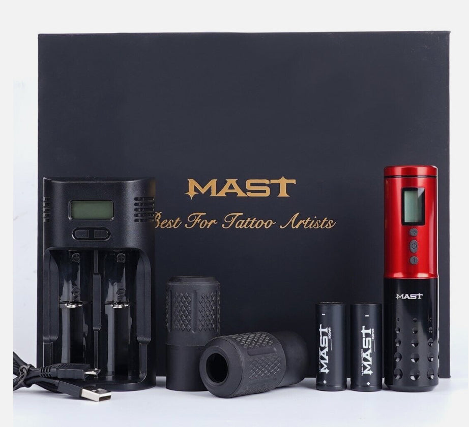 Mast Lancer Wireless Tattoo Machine Kit 50Pcs Cartridges Red