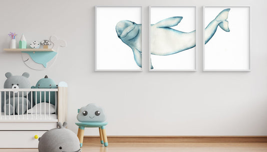 Beluga Whale Art Set of 3 each canvas print is framed and 20”x12” in size