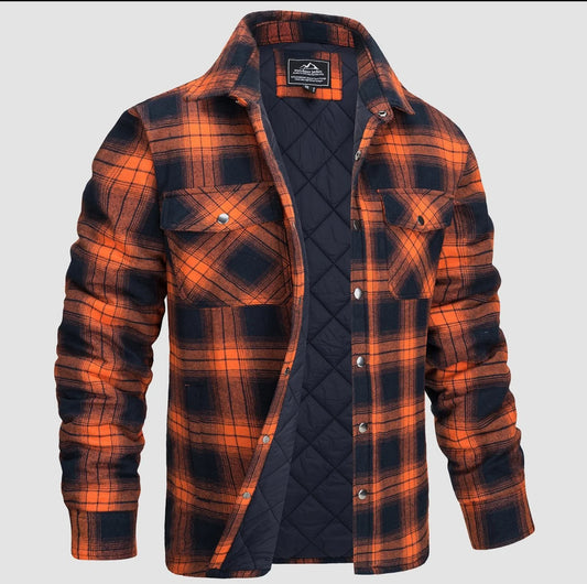 Men's Winter Padded Jacket - Warm Quilted Flannel Shirt Jacket with 5 Pockets for Outdoor and Casual Use