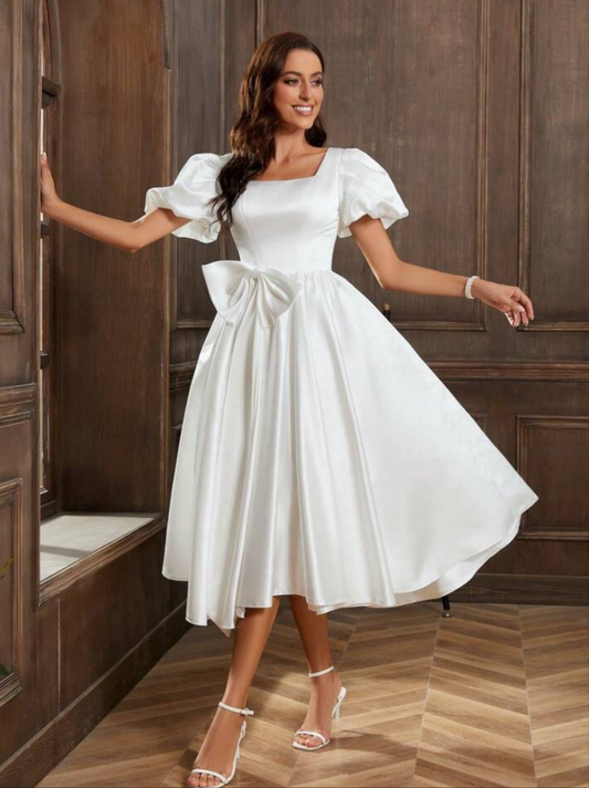 Womens white satin square neck puffy sleeve formal wedding evening dress