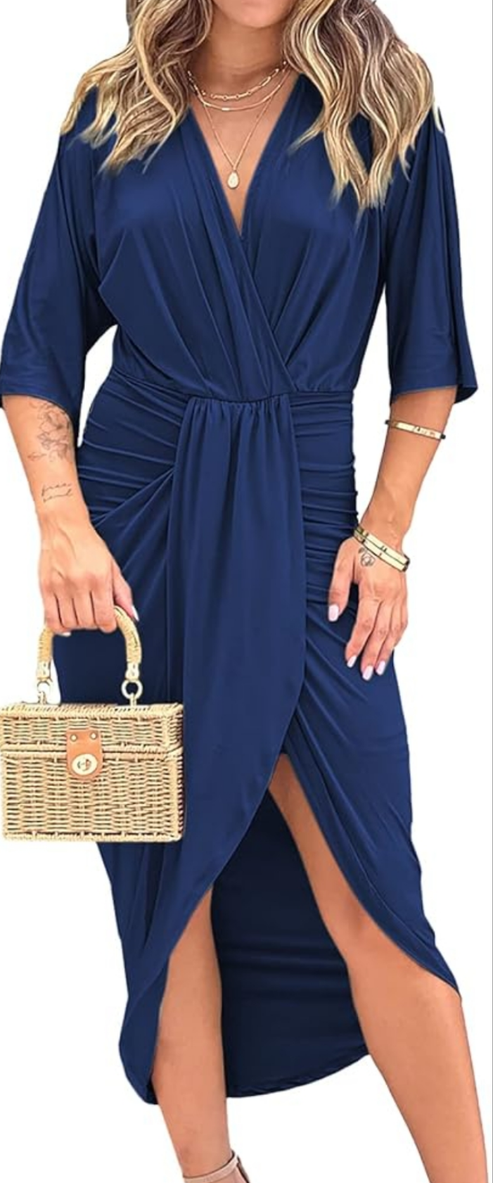 Womens ruched front slit midi dress