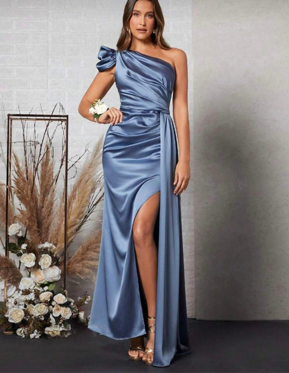 Womens steal blue satin one shoulder evening gown