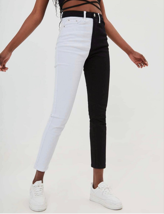 Womens stretchy white and black denim pants