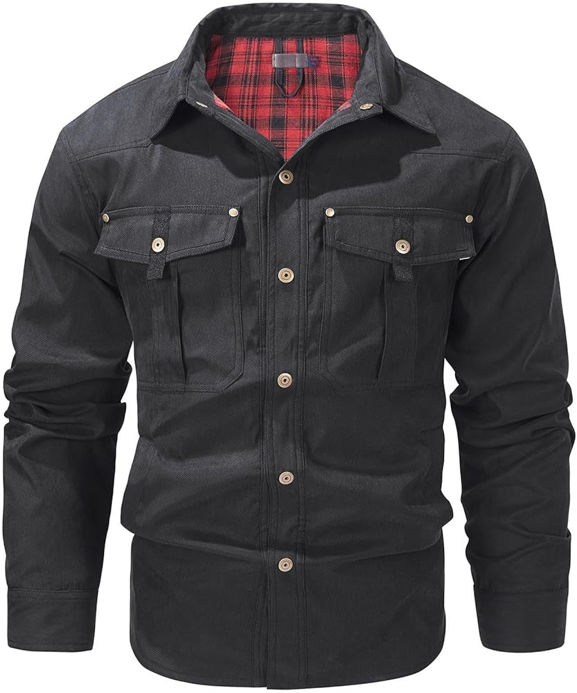 Men's Western Plaid Patchwork Jacket Regular Fit Casual Label Button Down with Pockets