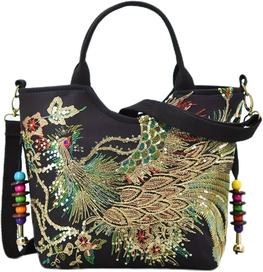 Handmade Embroidered Large Capacity Handheld One Shoulder Crossbody Bag, Retro Peacock Embroidered Canvas Bag