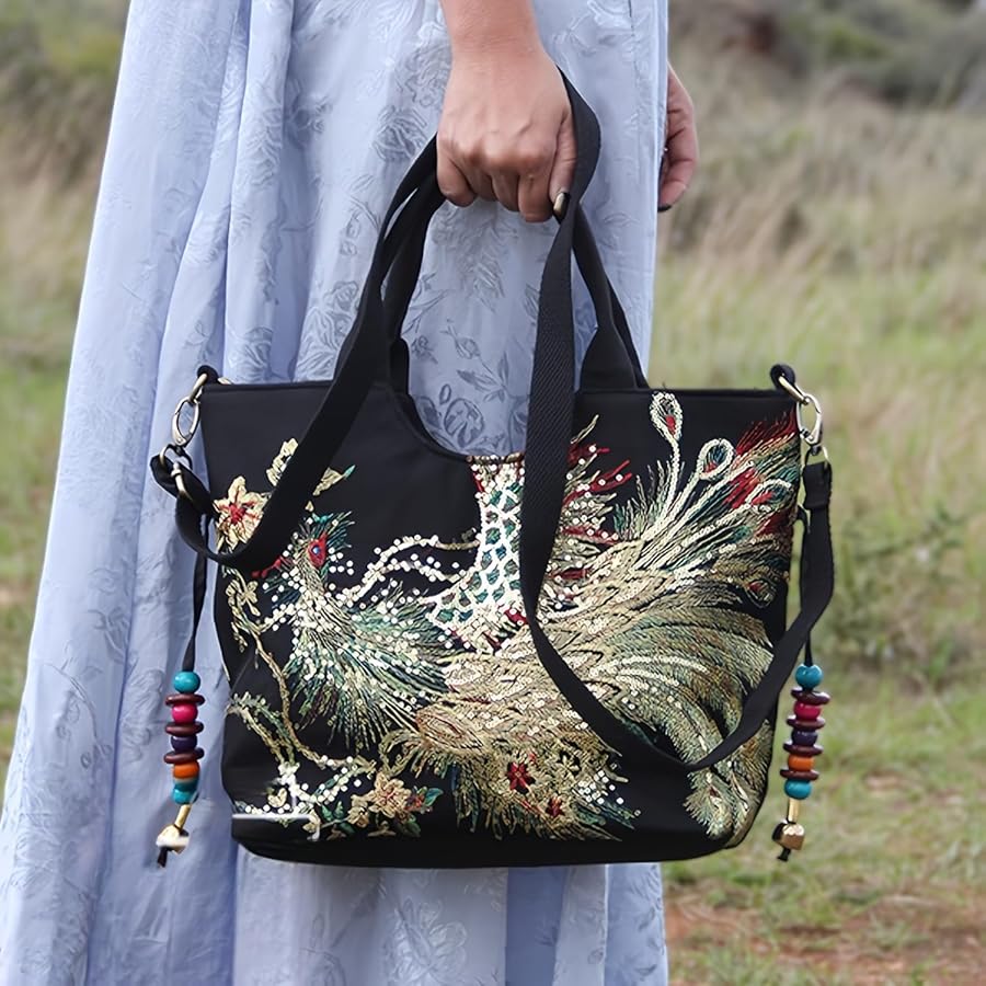 Handmade Embroidered Large Capacity Handheld One Shoulder Crossbody Bag, Retro Peacock Embroidered Canvas Bag