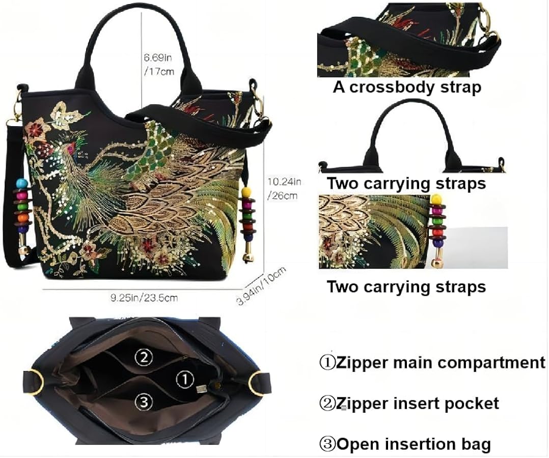 Handmade Embroidered Large Capacity Handheld One Shoulder Crossbody Bag, Retro Peacock Embroidered Canvas Bag