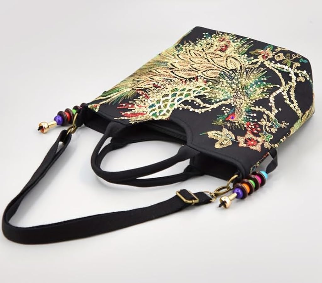 Handmade Embroidered Large Capacity Handheld One Shoulder Crossbody Bag, Retro Peacock Embroidered Canvas Bag