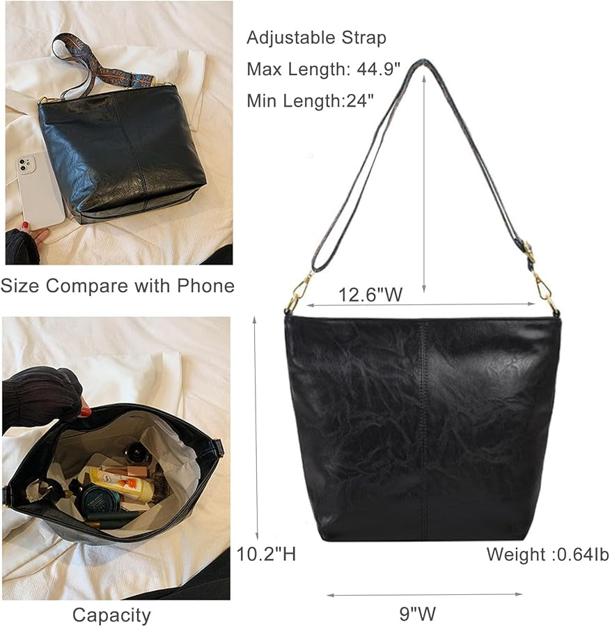 Vegan Leather Crossbody Bag Guitar Strap Hobo Purses and Handbags Bucket Bags Shoulder Bag with Zipper