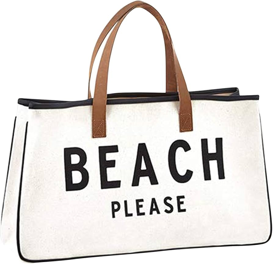 Santa Barbara Design Studio Hold Everything 100% Cotton Canvas Tote Bag with Leather Handles, 20" x 11", Beach Please Black and White