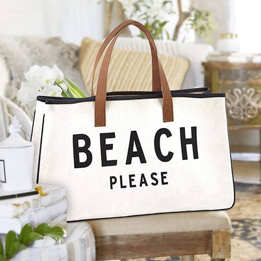 Santa Barbara Design Studio Hold Everything 100% Cotton Canvas Tote Bag with Leather Handles, 20" x 11", Beach Please Black and White