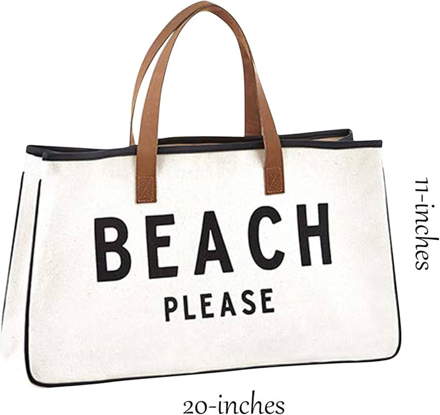 Santa Barbara Design Studio Hold Everything 100% Cotton Canvas Tote Bag with Leather Handles, 20" x 11", Beach Please Black and White