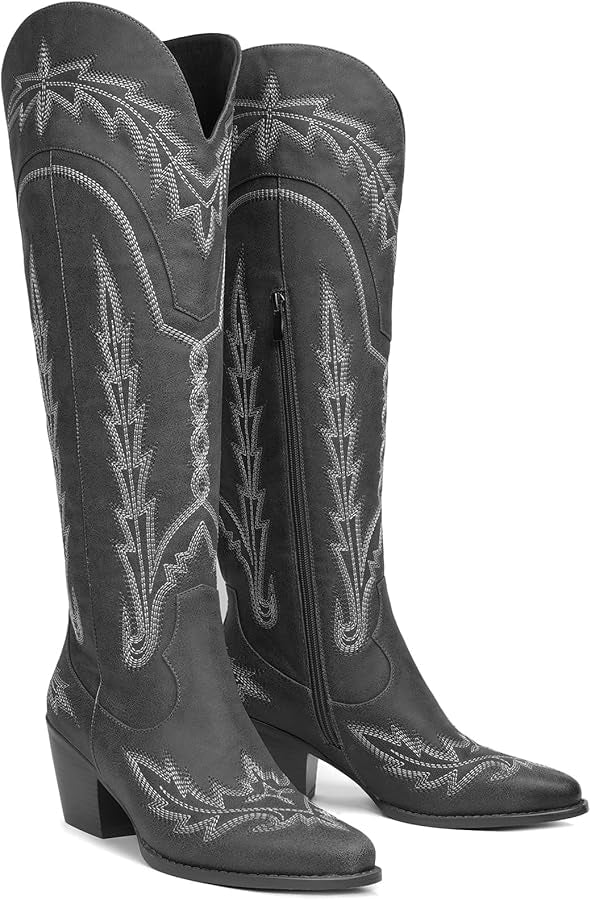 RONILURN Women Embroidery Mid-Calf Cowgirl Boots, Western Cowboy Boots, Pull Up, Chunky Heel, Pointed Toe