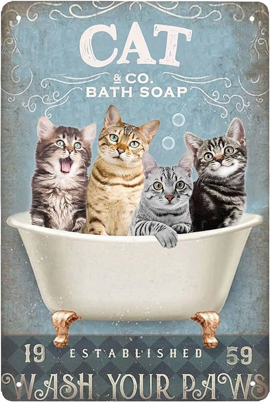 Metal Tin Sign Of Cat Bathing Style,Wash Your Paws Retro Style Poster,Bathroom Art Poster Wall Decor Retro Diner Cafe Home Aluminum Painting 8x12 inch