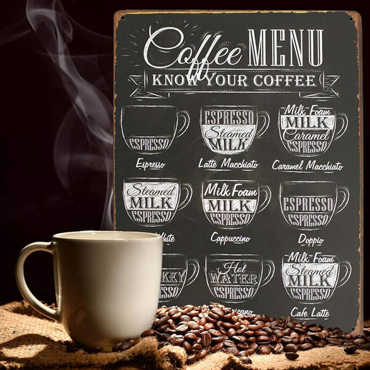 Coffee Menu Know Your Coffee Latte Espresso Metal Tin Sign, Vintage Antique Plaque Poster