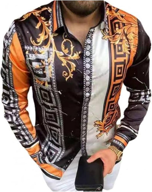 Retro Luxury Print Men Shirt Turn-Down Collar Smooth Long Sleeve Buttons Slim Shirt Breathable Streetwear