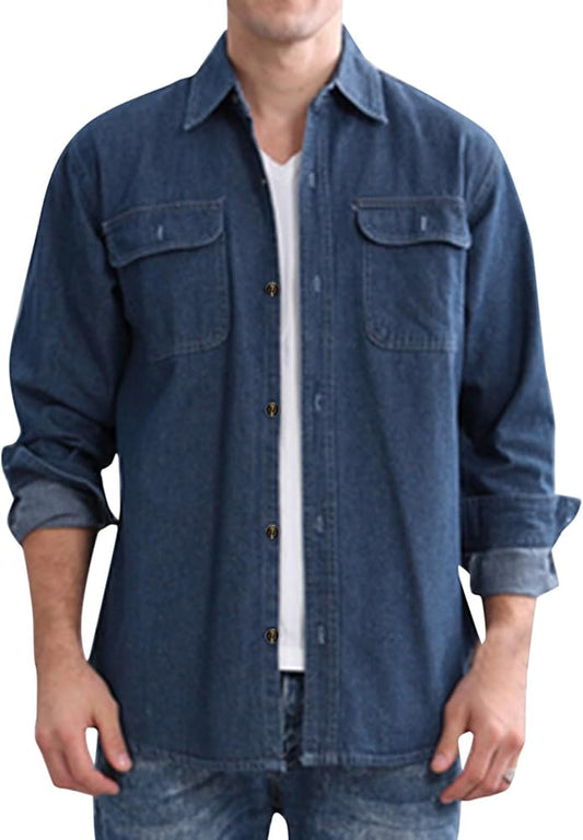 Men Big and Tall Mens Tops Casual Stylish Denim Button Up Dark Blue