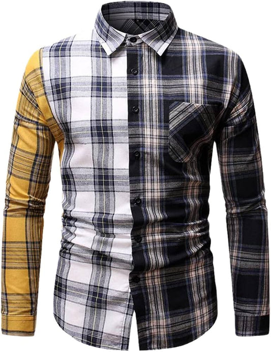 Men's Shirts Men Cotton Plaid Shirt Man Patchwork Button Up Long Sleeve