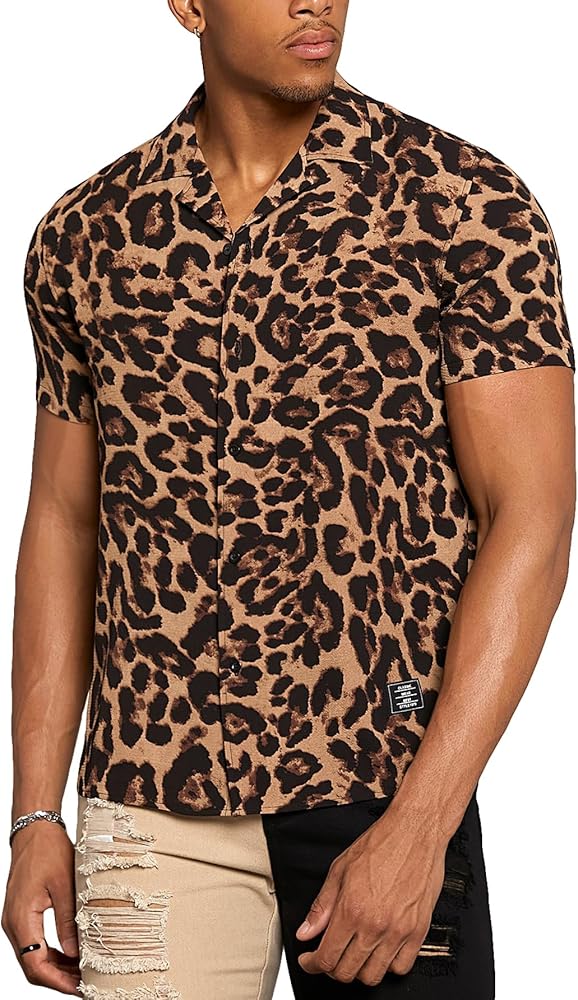 Men's Leopard Zebra print Short Sleeve Button Down Shirt Top