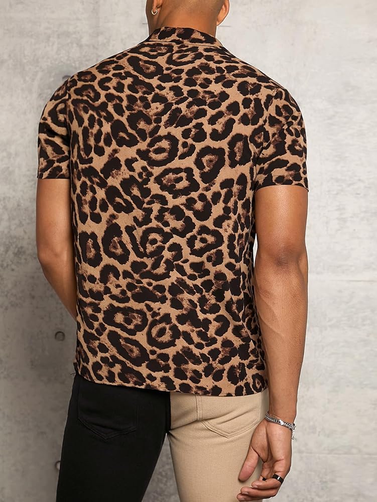 Men's Leopard Zebra print Short Sleeve Button Down Shirt Top