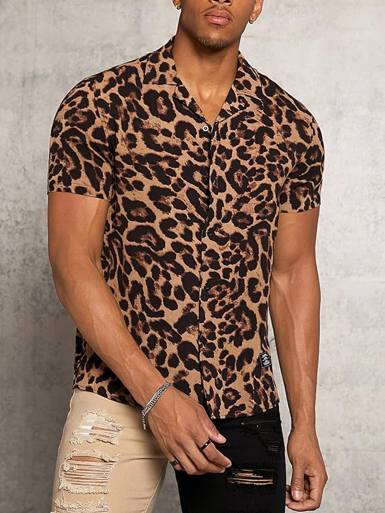 Men's Leopard Zebra print Short Sleeve Button Down Shirt Top