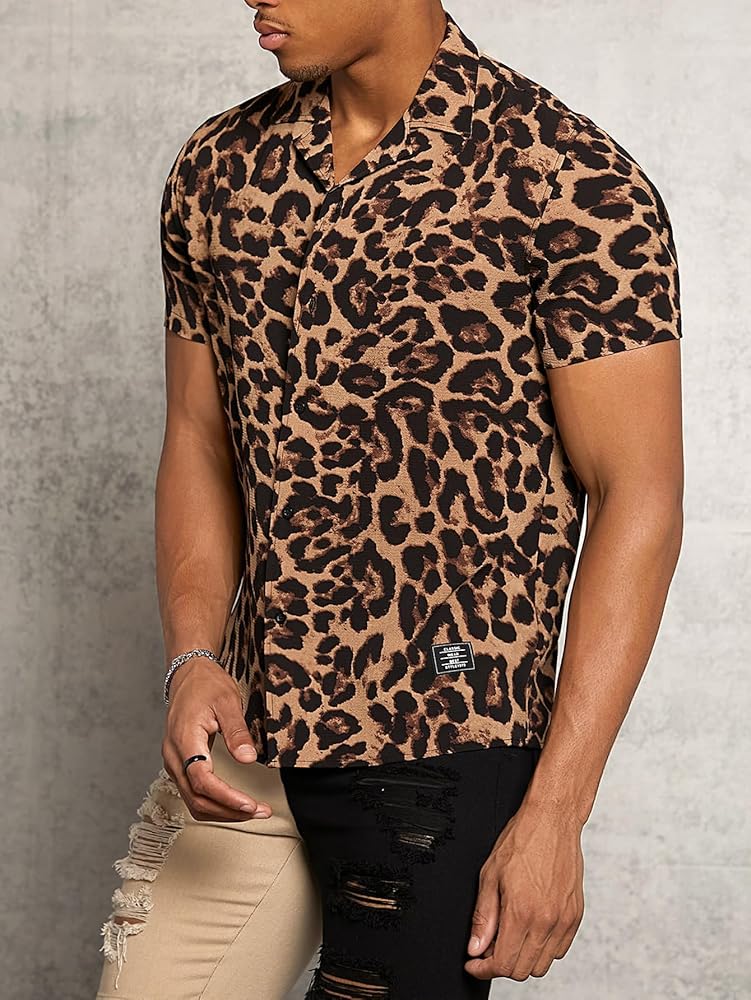 Men's Leopard Zebra print Short Sleeve Button Down Shirt Top