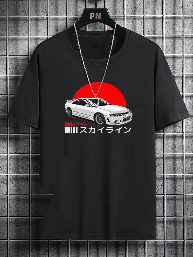 Men's Car Graphic Print T-shirt, Casual Short Sleeve Crew Neck Tee, Men's Clothing For Summer Outdoor