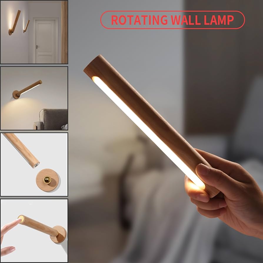 360° Rotatable Wooden Led Wall Lamp Magnetic USB Rechargeable Wall Sconces Battery Operated Led Night Light for Household (Beech Wood 1PCS)