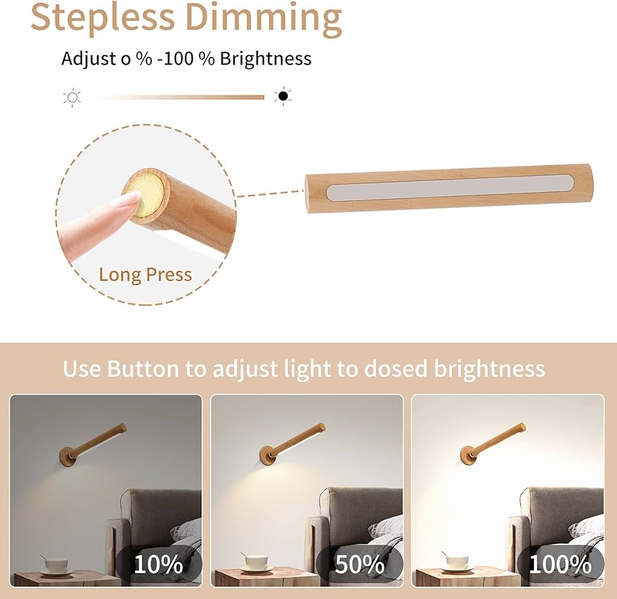 360° Rotatable Wooden Led Wall Lamp Magnetic USB Rechargeable Wall Sconces Battery Operated Led Night Light for Household (Beech Wood 1PCS)