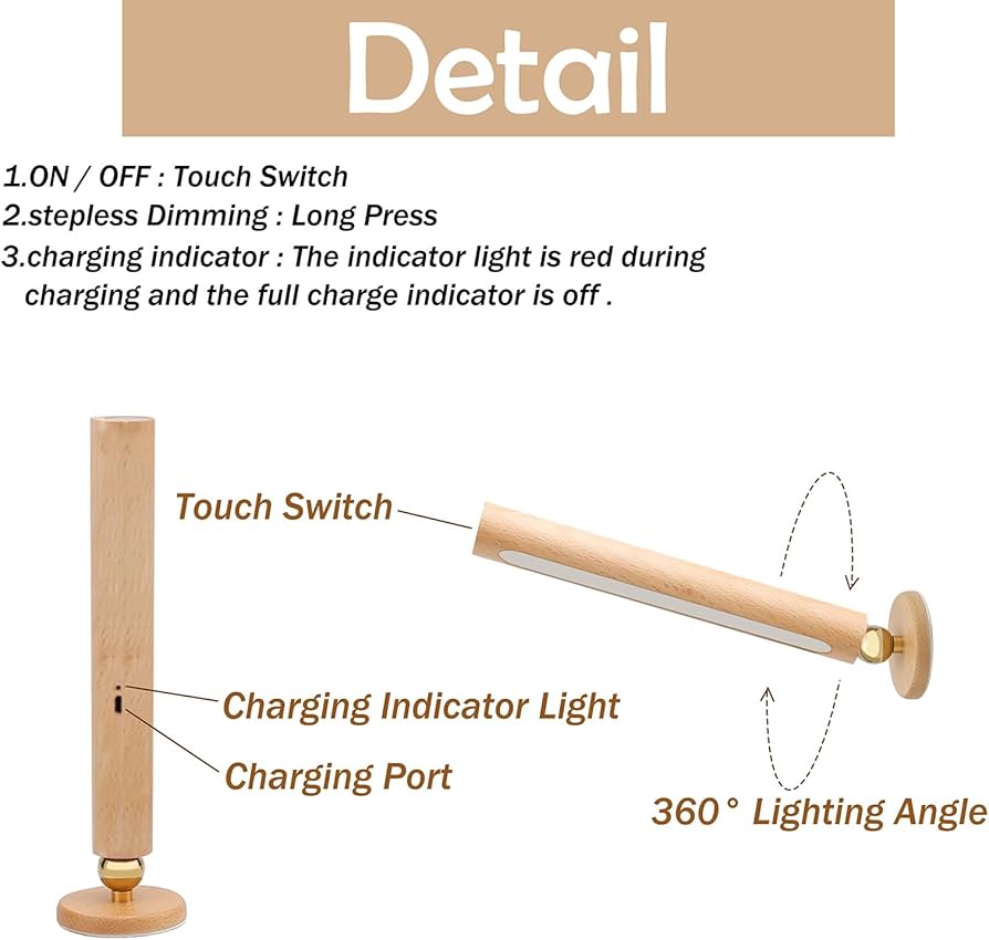 360° Rotatable Wooden Led Wall Lamp Magnetic USB Rechargeable Wall Sconces Battery Operated Led Night Light for Household (Beech Wood 1PCS)