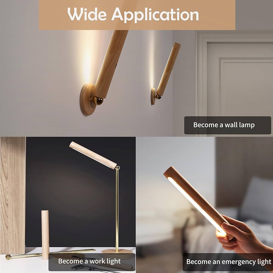 360° Rotatable Wooden Led Wall Lamp Magnetic USB Rechargeable Wall Sconces Battery Operated Led Night Light for Household (Beech Wood 1PCS)