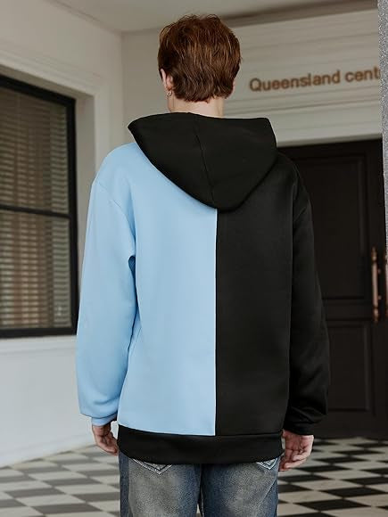 Men's Casual Colorblock Pullover Fashion Loose Fit Long Sleeve Graphic Trendy Drawstring Hood