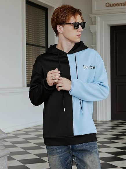 Men's Casual Colorblock Pullover Fashion Loose Fit Long Sleeve Graphic Trendy Drawstring Hood