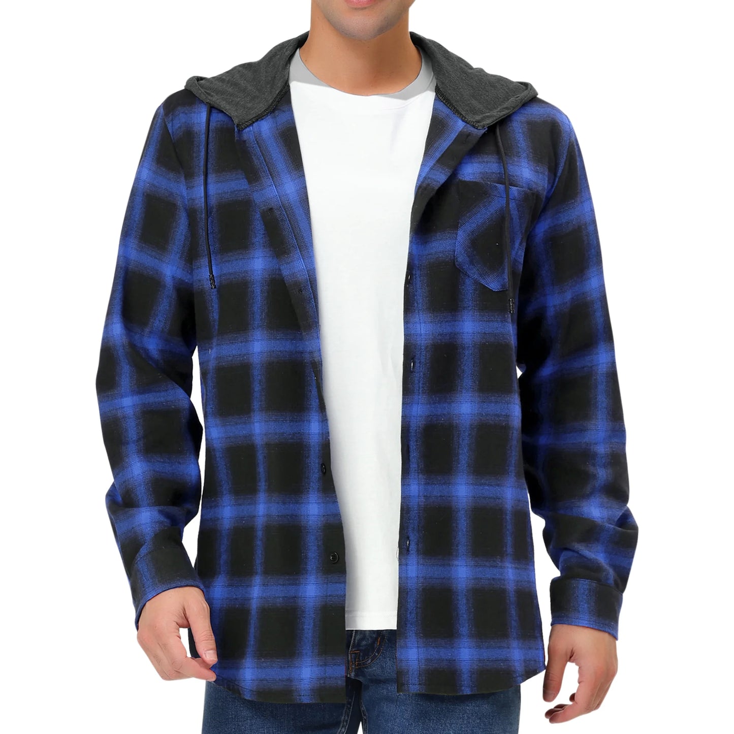 Men's Plaid Button Down Long Sleeves Hooded Shirt Blue