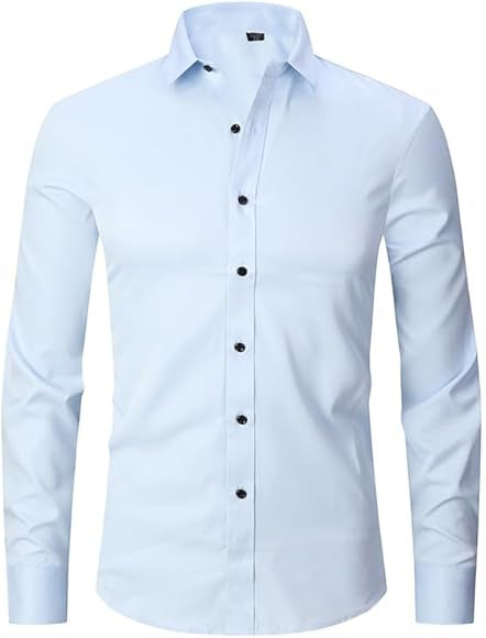 Men's Solid Elastic Shirt Slim Fit Business Casual Long Sleeves Button Down Dress Shirts