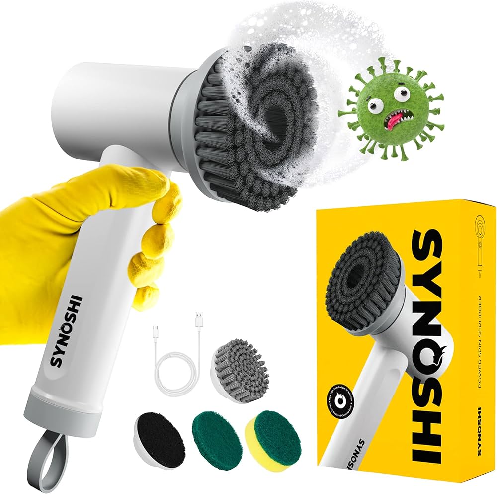 SYNOSHI | Electric Spin Scrubber, Power Cleaning Brush with 3 Replaceable Heads, Cordless Waterproof Scrubber Dual Speed, Perfect for Bathrooms, Showers, Tile, Cars, Floor White 4.5 x 7 in