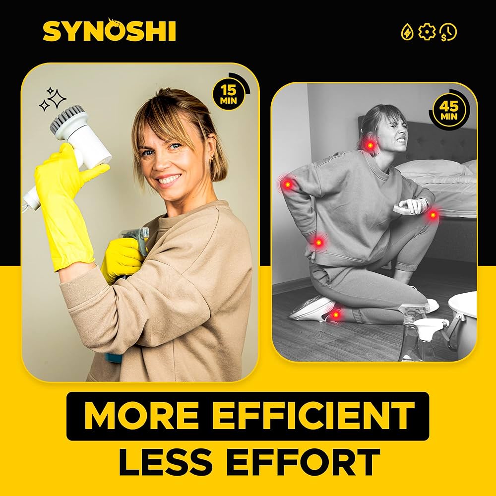 SYNOSHI | Electric Spin Scrubber, Power Cleaning Brush with 3 Replaceable Heads, Cordless Waterproof Scrubber Dual Speed, Perfect for Bathrooms, Showers, Tile, Cars, Floor White 4.5 x 7 in