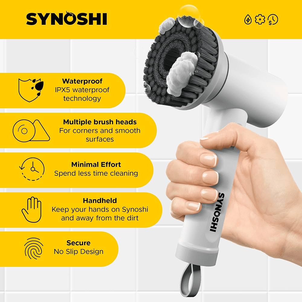 SYNOSHI | Electric Spin Scrubber, Power Cleaning Brush with 3 Replaceable Heads, Cordless Waterproof Scrubber Dual Speed, Perfect for Bathrooms, Showers, Tile, Cars, Floor White 4.5 x 7 in