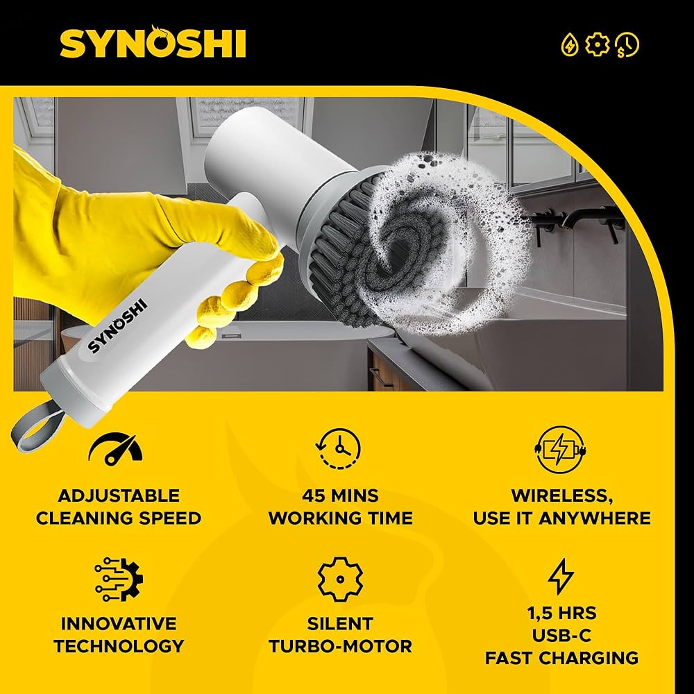 SYNOSHI | Electric Spin Scrubber, Power Cleaning Brush with 3 Replaceable Heads, Cordless Waterproof Scrubber Dual Speed, Perfect for Bathrooms, Showers, Tile, Cars, Floor White 4.5 x 7 in