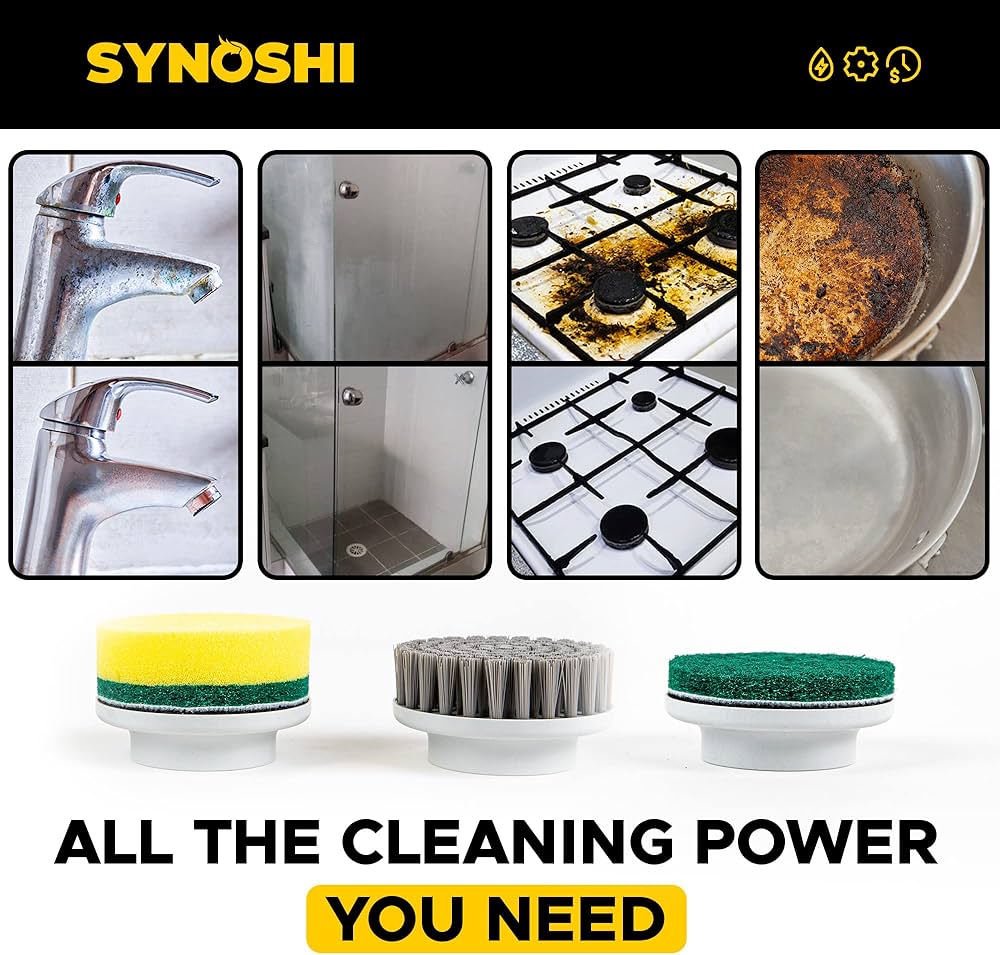 SYNOSHI | Electric Spin Scrubber, Power Cleaning Brush with 3 Replaceable Heads, Cordless Waterproof Scrubber Dual Speed, Perfect for Bathrooms, Showers, Tile, Cars, Floor White 4.5 x 7 in